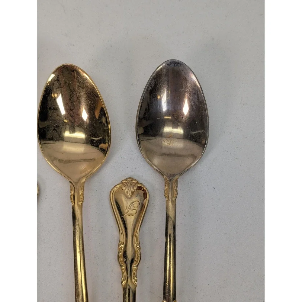 Personally Yours Gold Plated Spoons Set‎ Of 6 Stainless Flatware Ornate Scroll